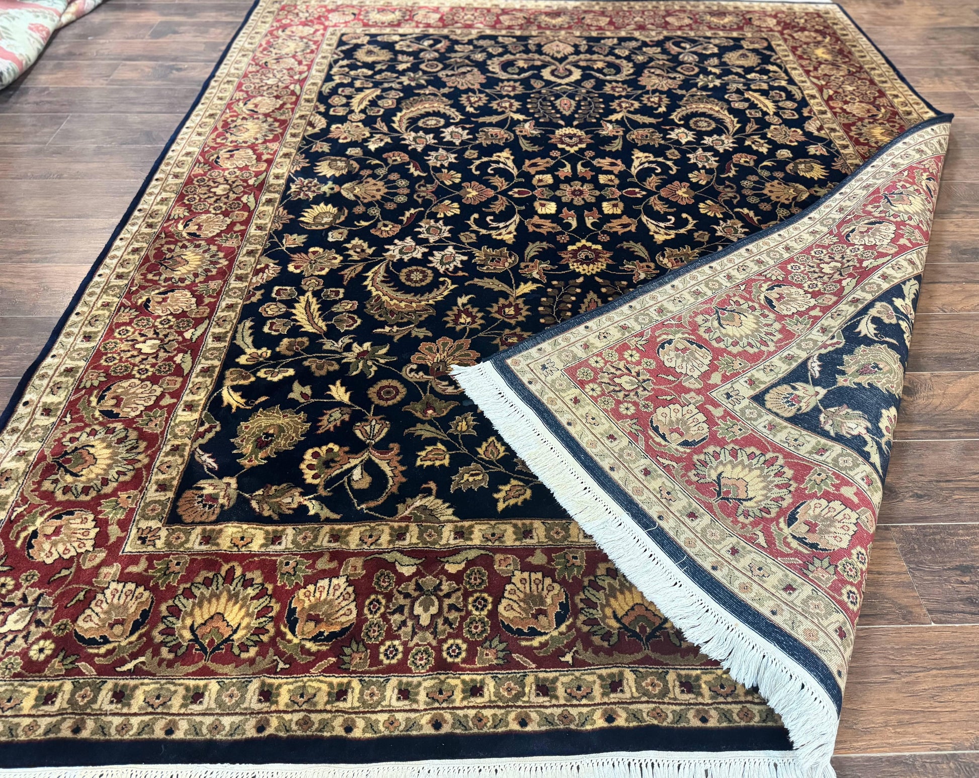 Indo Persian Rug 8x10, Navy Blue and Red, Floral Allover, Hand Knotted Vintage Wool Carpet, Indo Sarouk - Nuvé