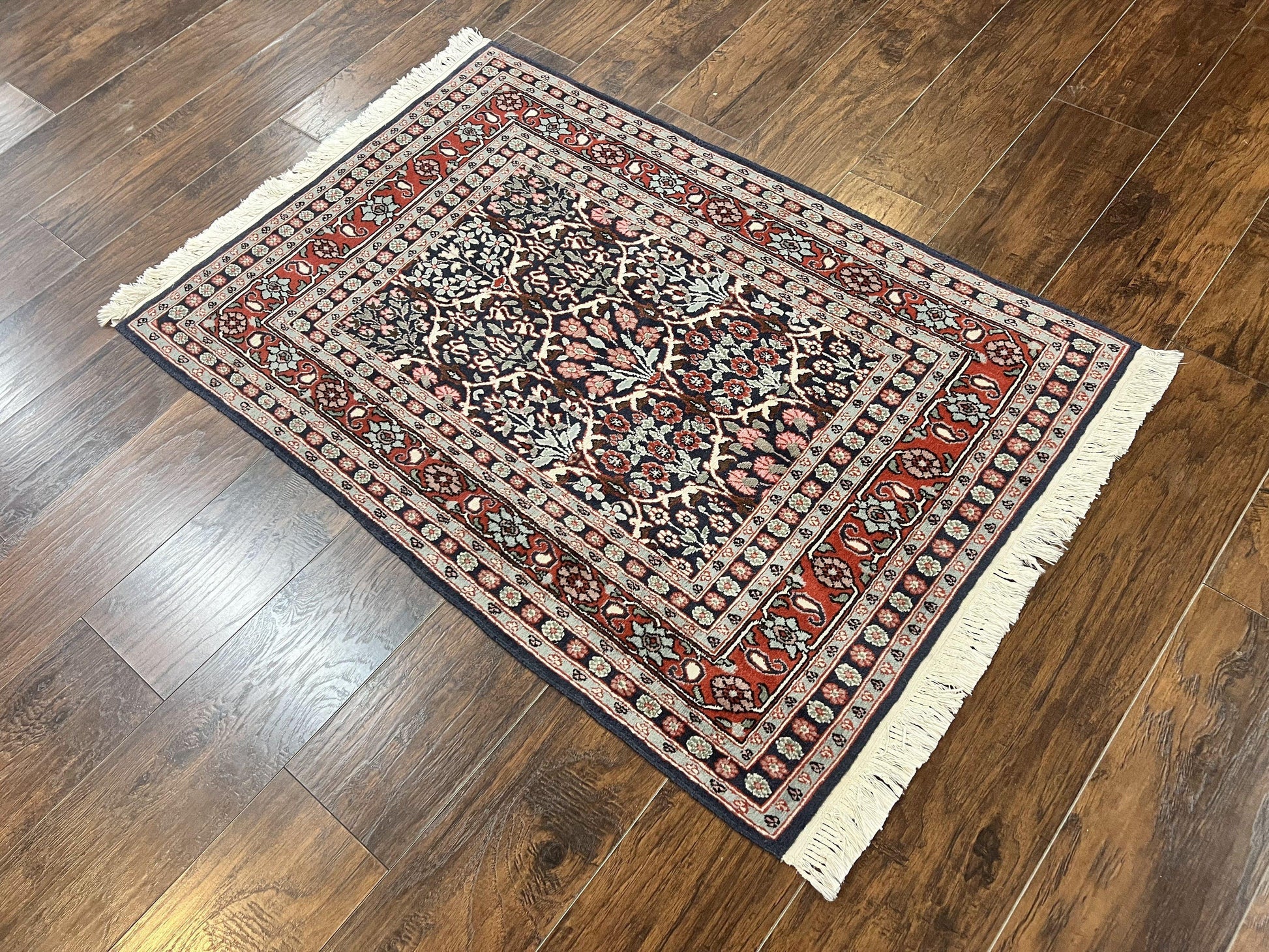 Pak Persian Rug 3x4, Wool Hand Knotted Vintage Traditional Carpet, Navy Blue & Red, Very Fine Small Handmade Floral Rug - Nuvé