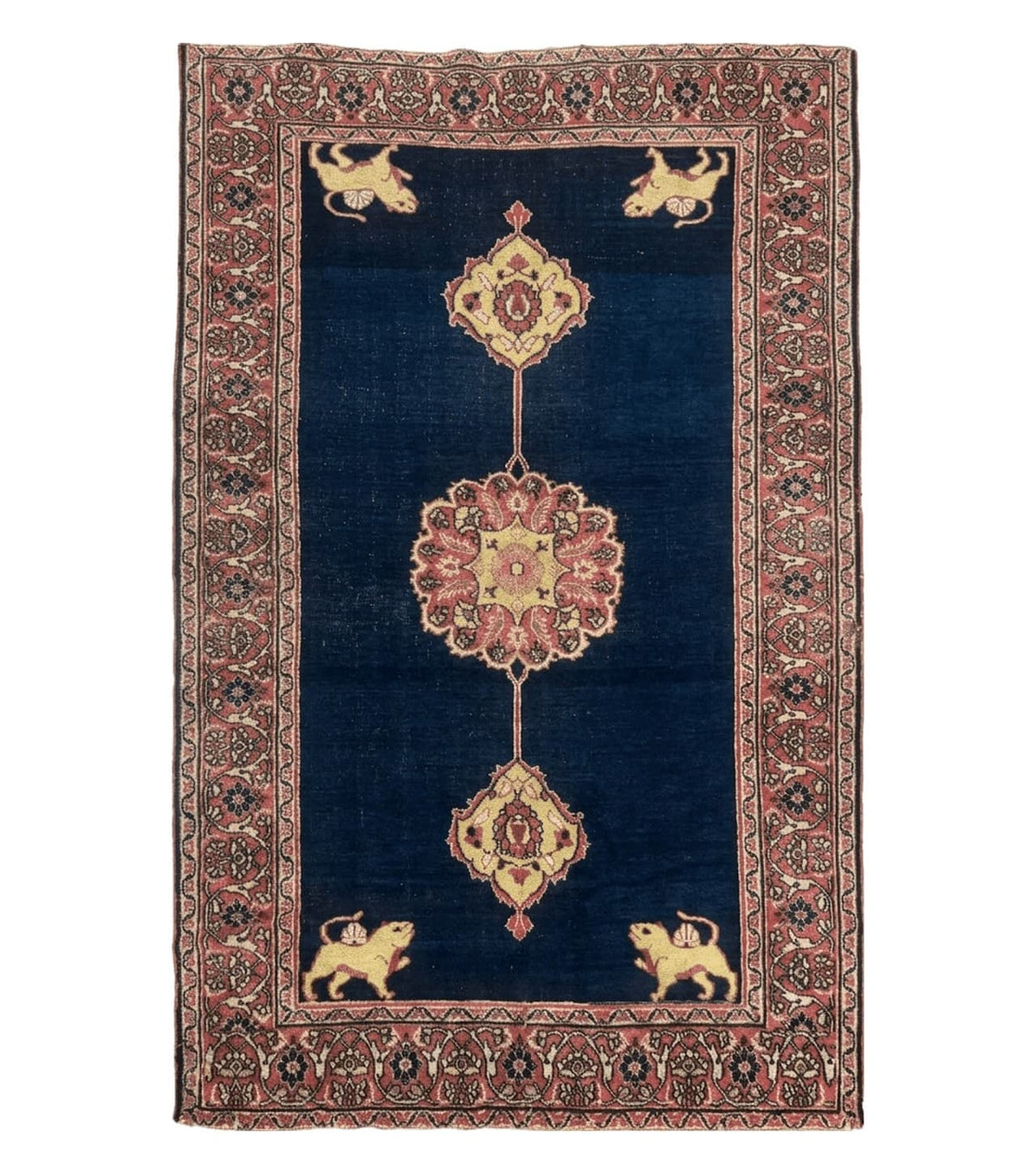 Antique Persian Mashad Rug 4x6, Semi Open Field, Navy Blue, Lion Pictorials, Triple Medallion, Dorokhsh Rug