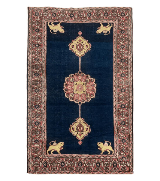 Antique Persian Mashad Rug 4x6, Semi Open Field, Navy Blue, Lion Pictorials, Triple Medallion, Dorokhsh Rug