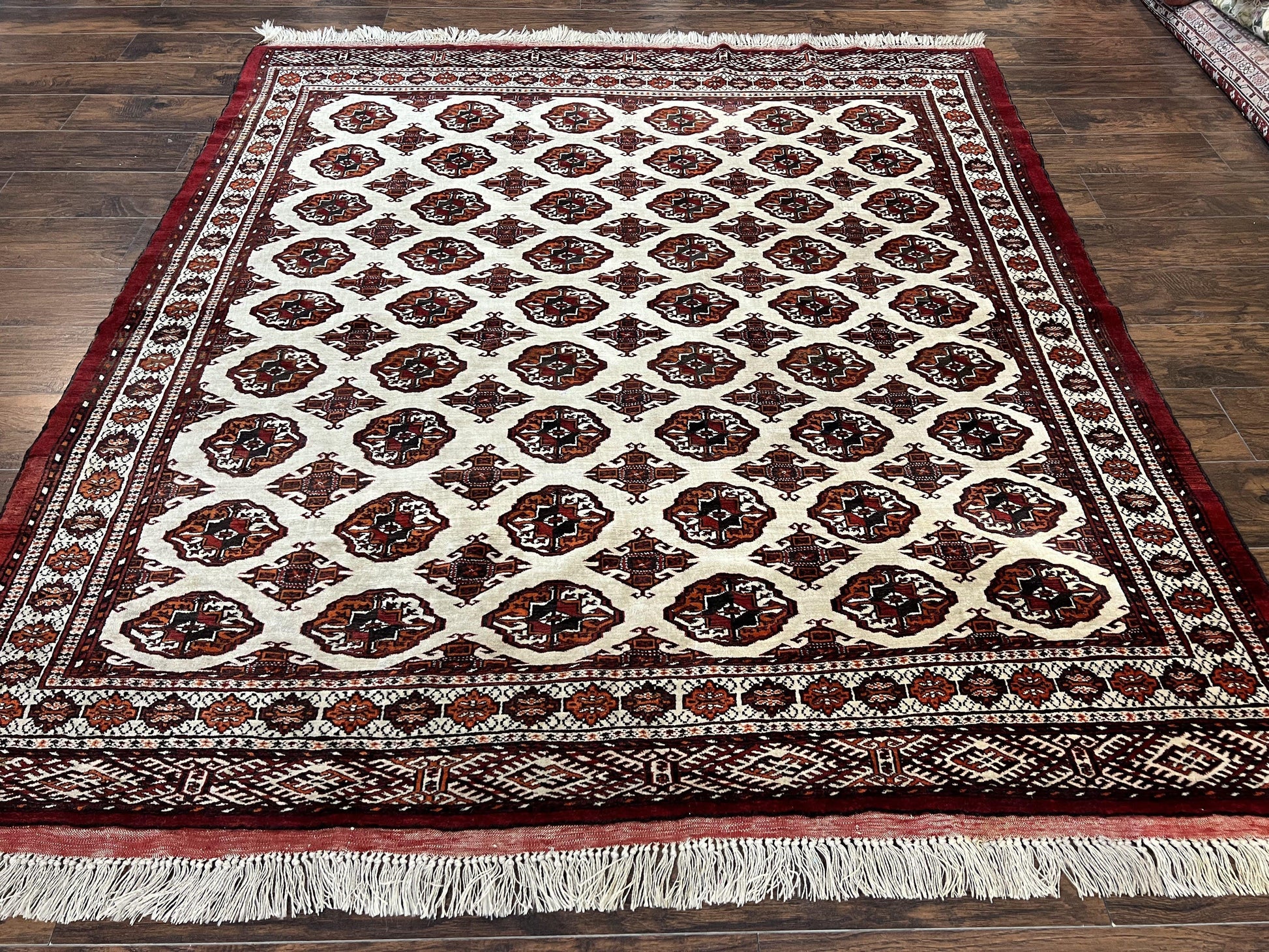 Persian Turkoman Rug 7x8, Almost Square Rare, Hand Knotted, Yamud, Bohemian Rug, Handmade Tribal Rug, Cream Red, Handmade Oriental Carpet - Nuvé