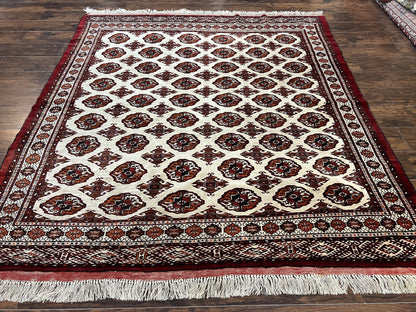 Persian Turkoman Rug 7x8, Almost Square Rare, Hand Knotted, Yamud, Bohemian Rug, Handmade Tribal Rug, Cream Red, Handmade Oriental Carpet - Nuvé
