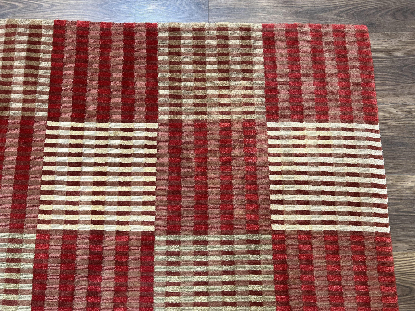 Modern Tibetan Rug 8x10, Hand Knotted Contemporary Nepali Carpet 8 x 10, Checkerboard Design, Red Cream Light Brown, Very Fine Wool & Silk - Nuvé
