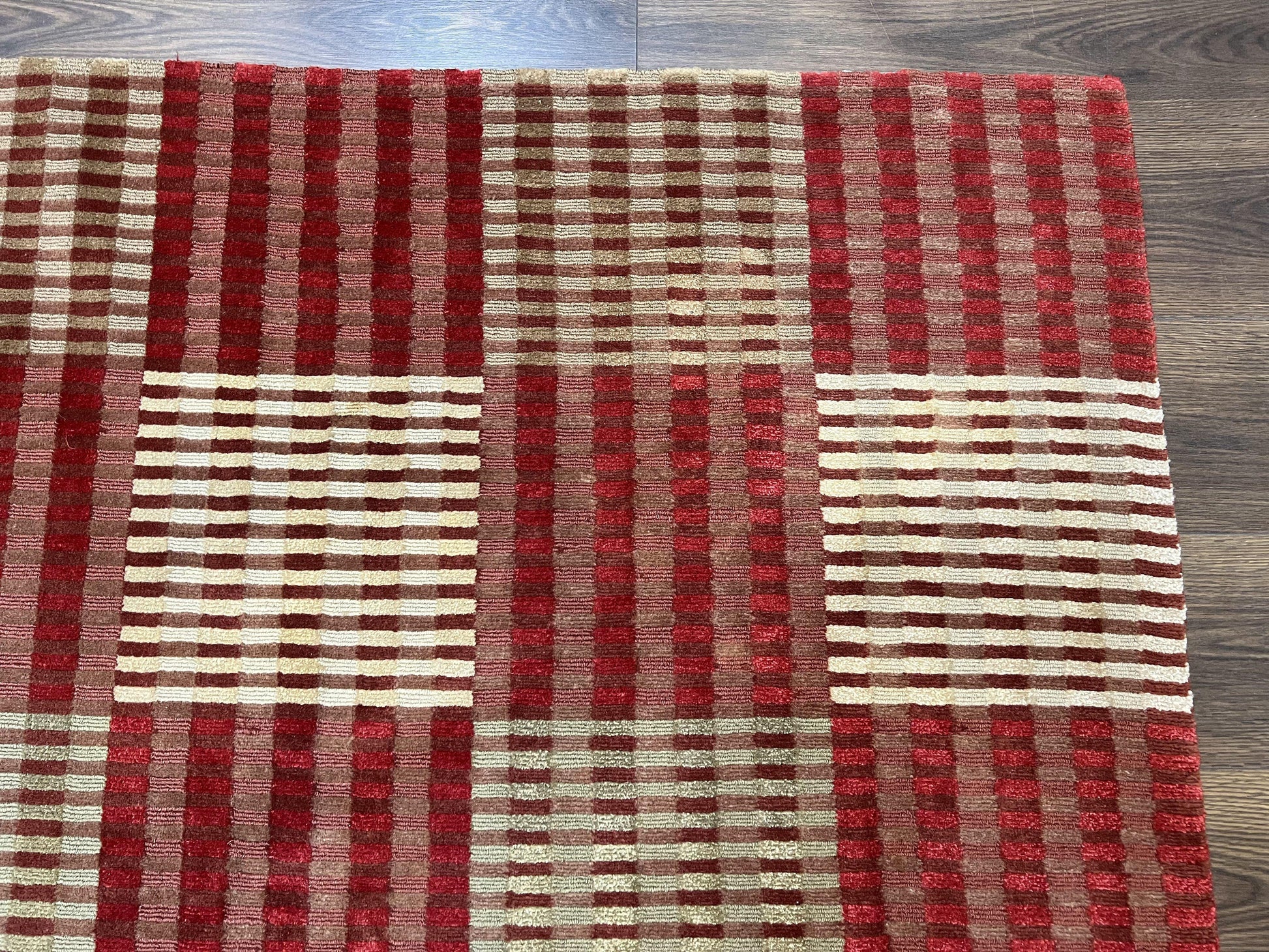 Modern Tibetan Rug 8x10, Hand Knotted Contemporary Nepali Carpet 8 x 10, Checkerboard Design, Red Cream Light Brown, Very Fine Wool & Silk - Nuvé