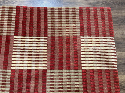 Modern Tibetan Rug 8x10, Hand Knotted Contemporary Nepali Carpet 8 x 10, Checkerboard Design, Red Cream Light Brown, Very Fine Wool & Silk - Nuvé