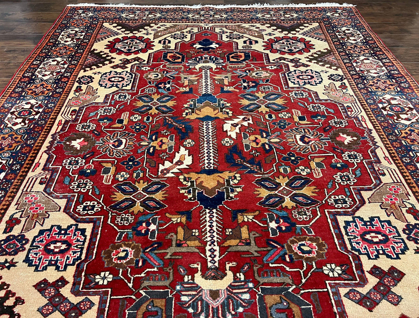 Antique Persian Heriz Rug 8x12 ft, Geometric Tribal Room Sized Carpet, Camel Hair Red Navy Blue, Wool Hand Knotted Medallion Oriental Carpet - Nuvé
