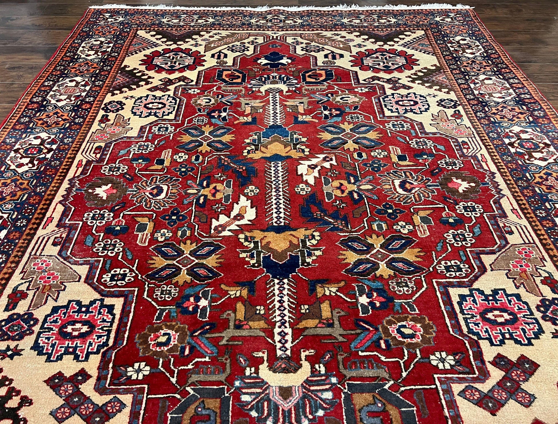 Antique Persian Heriz Rug 8x12 ft, Geometric Tribal Room Sized Carpet, Camel Hair Red Navy Blue, Wool Hand Knotted Medallion Oriental Carpet - Nuvé