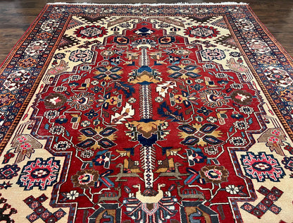 Antique Persian Heriz Rug 8x12 ft, Geometric Tribal Room Sized Carpet, Camel Hair Red Navy Blue, Wool Hand Knotted Medallion Oriental Carpet - Nuvé