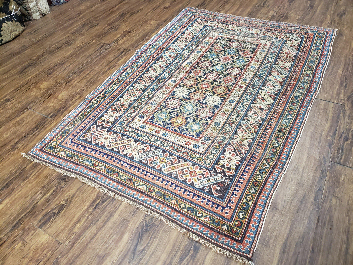 Caucasian Rug 3'9" x 5'7", Antique 1920s Collectible Caucasian Chi Chi Carpet, Hand Knotted, Colorful, Dark Blue Cream Red, Wool, Small Rug - Nuvé