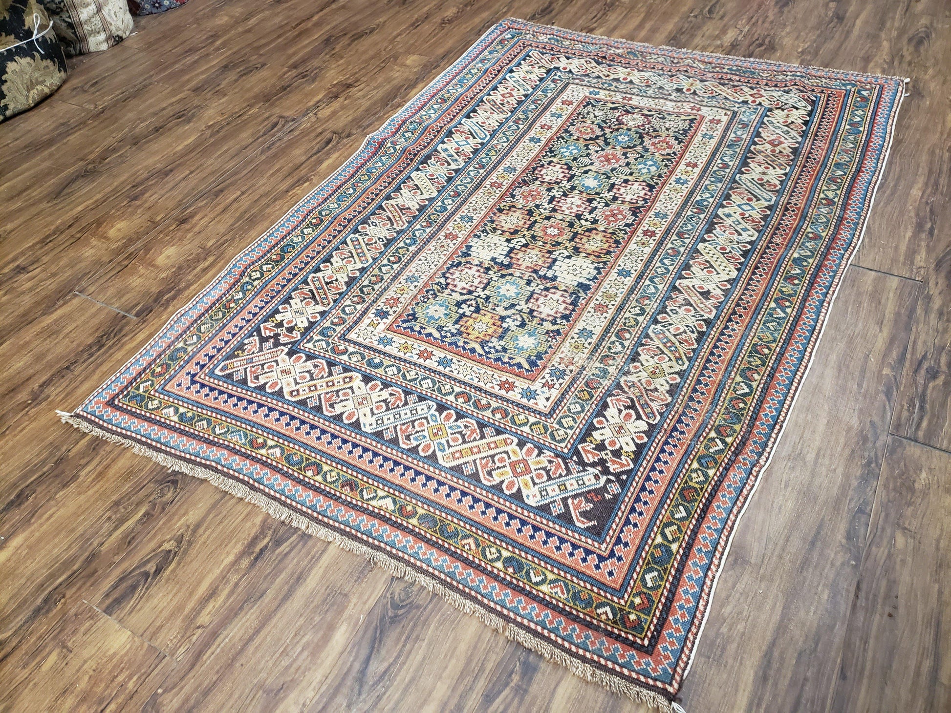Caucasian Rug 3'9" x 5'7", Antique 1920s Collectible Caucasian Chi Chi Carpet, Hand Knotted, Colorful, Dark Blue Cream Red, Wool, Small Rug - Nuvé