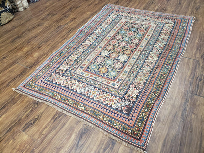 Caucasian Rug 3'9" x 5'7", Antique 1920s Collectible Caucasian Chi Chi Carpet, Hand Knotted, Colorful, Dark Blue Cream Red, Wool, Small Rug - Nuvé