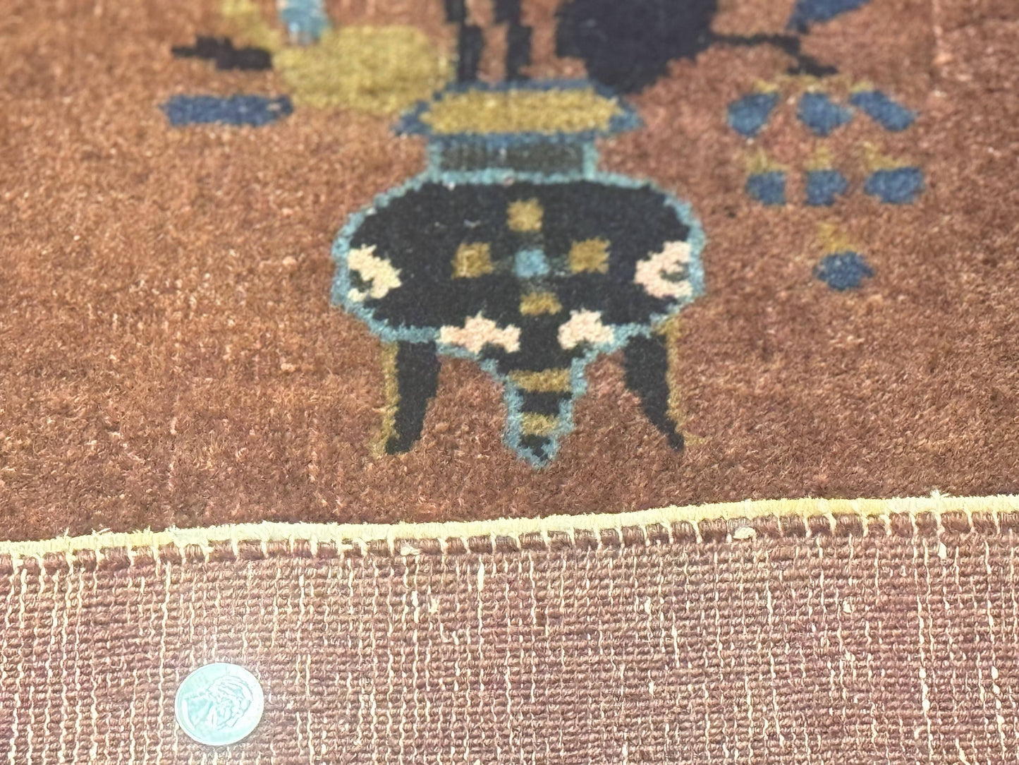 Antique Chinese Wool Rug 9x12, Light Brown and Navy Blue, Fete Peking Art Deco - Nuvé