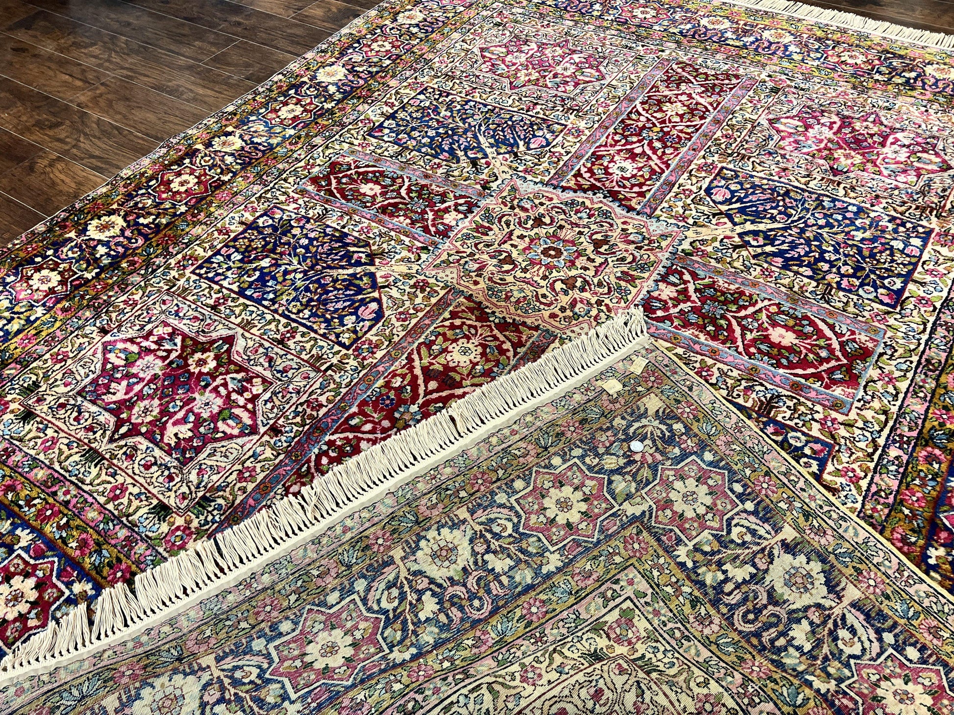 Persian Kirman Lavar Rug 8x9, Antique Persian Carpet, Colorful Multicolor 1920s Handmade Wool Rug, Garden Panel Design, Fine 200 KPSI - Nuvé