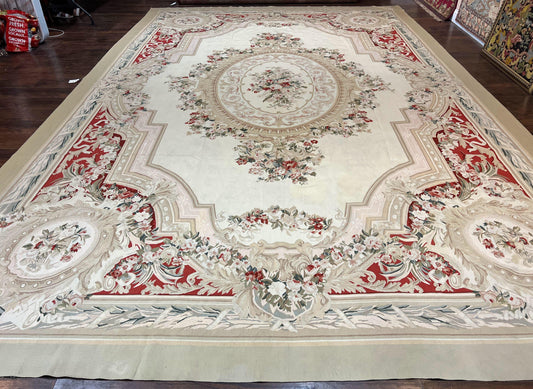 Large Aubusson Rug 11x17, Wool Handmade Vintage Carpet, Ivory Beige, French European Elegant Design, Palace Size Rug - Nuvé