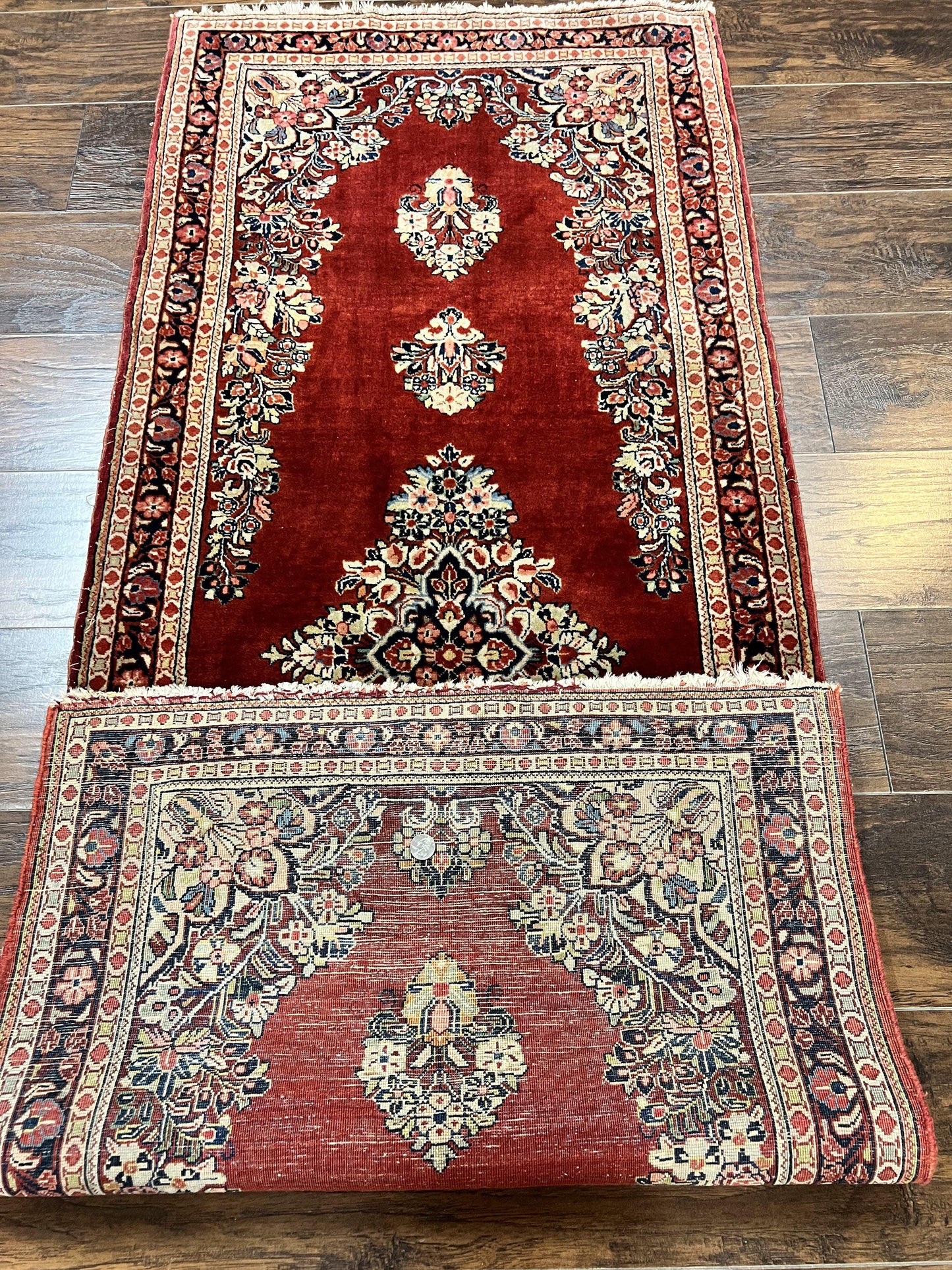 Persian Sarouk Runner Rug 2.7 x 6, Semi Open Field, Red, Handmade Hand Knotted, Wool Oriental Carpet, Vintage Semi Antique - Nuvé