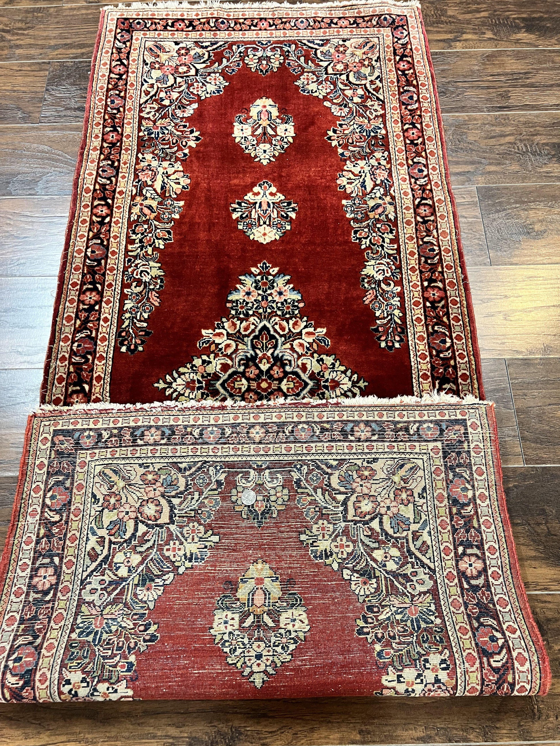 Persian Sarouk Runner Rug 2.7 x 6, Semi Open Field, Red, Handmade Hand Knotted, Wool Oriental Carpet, Vintage Semi Antique - Nuvé