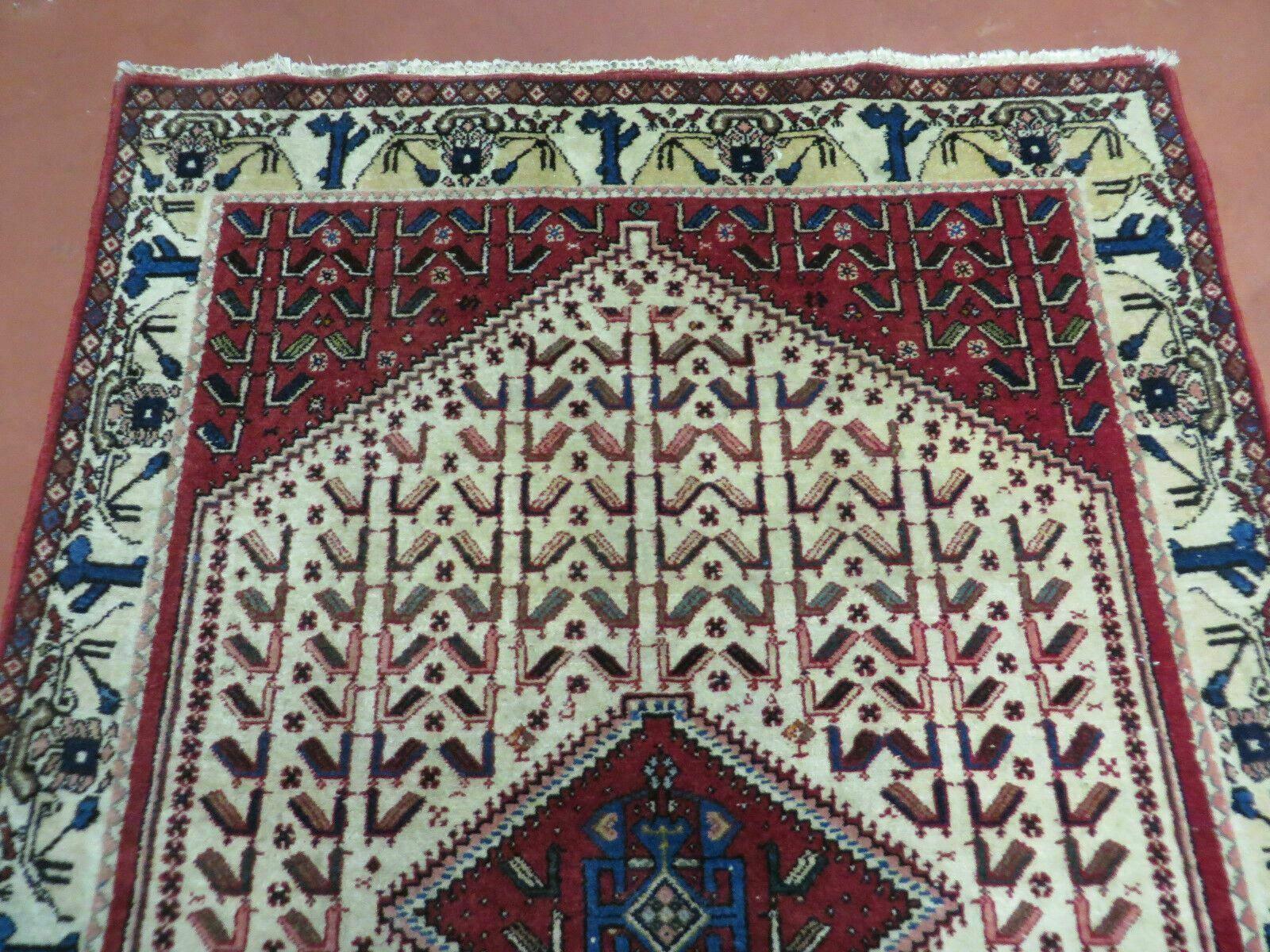 3' X 5' Vintage Handmade India Geometric Oriental Wool Rug Nice Birds Ivory Red - Nuvé