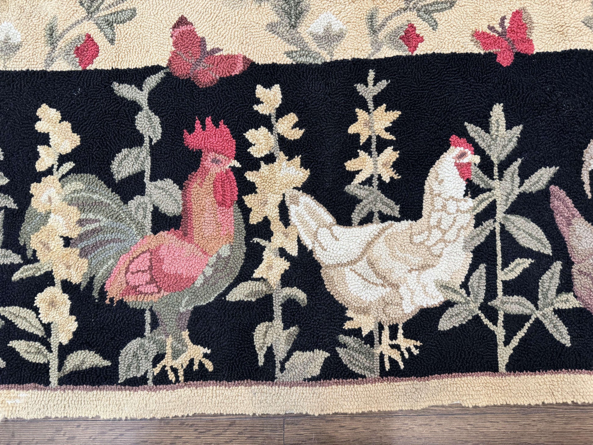 Vintage Hooked Rug 7x9, Rosters in Border, Roses and Butterflies - Nuvé
