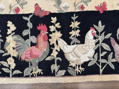 Vintage Hooked Rug 7x9, Rosters in Border, Roses and Butterflies - Nuvé