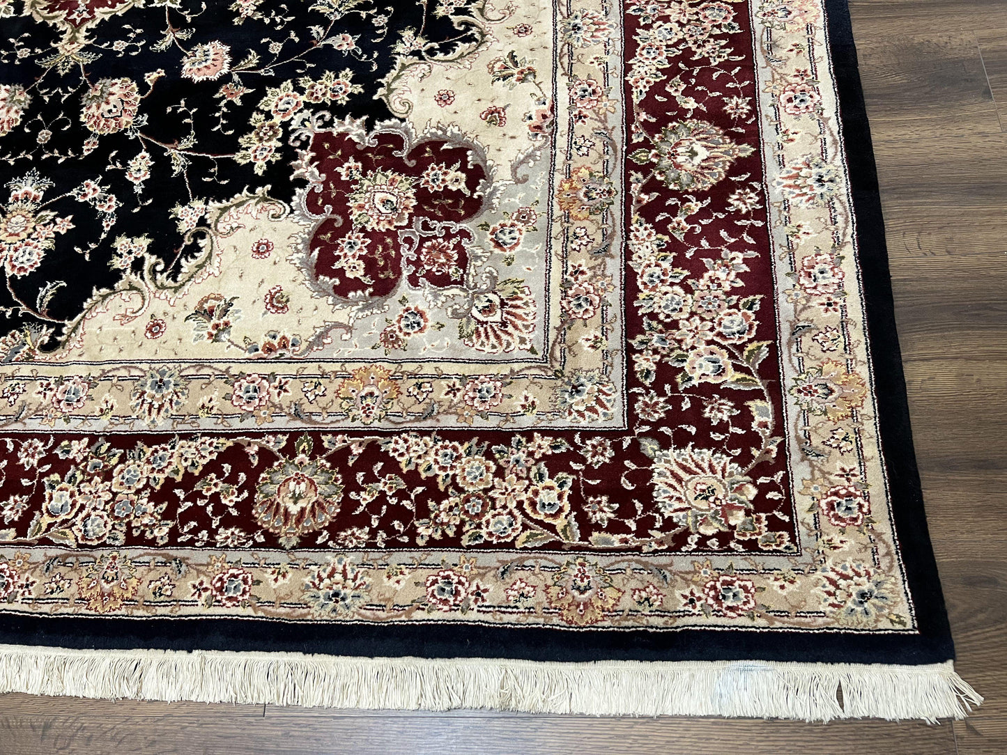 Pak Persian Rug 8.8 x 10.6, Floral Medallion, Wool and Silk Hand Knotted Fine Oriental Carpet, Elegant Rug, Black Gray Burgundy, Room Sized - Nuvé