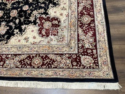Pak Persian Rug 8.8 x 10.6, Floral Medallion, Wool and Silk Hand Knotted Fine Oriental Carpet, Elegant Rug, Black Gray Burgundy, Room Sized - Nuvé