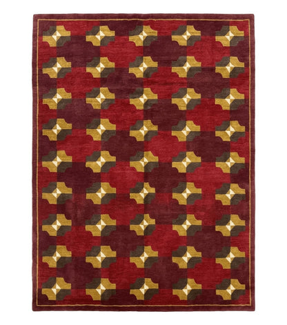 Modern Tibetan Rug 5 x 6.8, Wool, Red, Allover Pattern, Nepali Rug, Abstract Rug, Handmade Area Rug