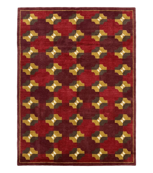 Modern Tibetan Rug 5 x 6.8, Wool, Red, Allover Pattern, Nepali Rug, Abstract Rug, Handmade Area Rug