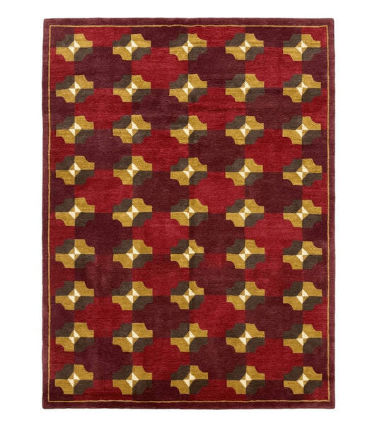 Modern Tibetan Rug 5 x 6.8, Wool, Red, Allover Pattern, Nepali Rug, Abstract Rug, Handmade Area Rug