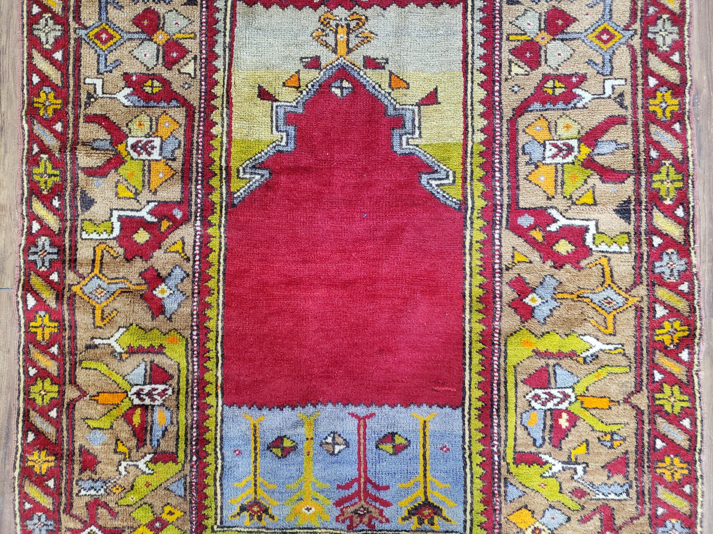 Antique Turkish Prayer Rug 3.8 x 5ft, Colorful Prayer Rug, Red Blue Gold Multicolor Turkish Anatolian Carpet, Handmade Hand-Knotted, Wool - Nuvé