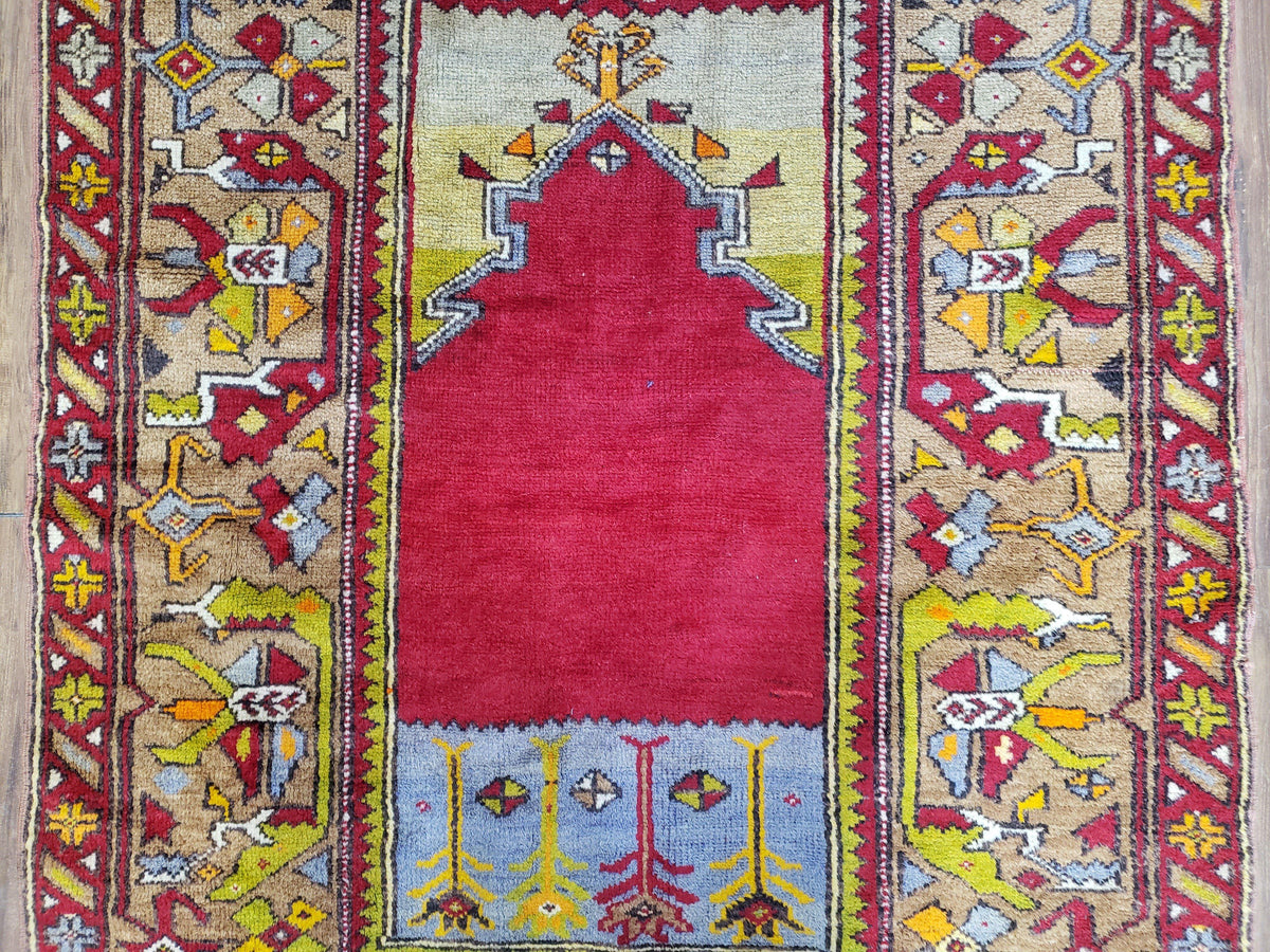 Antique Turkish Prayer Rug 3.8 x 5ft, Colorful Prayer Rug, Red Blue Gold Multicolor Turkish Anatolian Carpet, Handmade Hand-Knotted, Wool