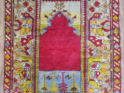 Antique Turkish Prayer Rug 3.8 x 5ft, Colorful Prayer Rug, Red Blue Gold Multicolor Turkish Anatolian Carpet, Handmade Hand-Knotted, Wool