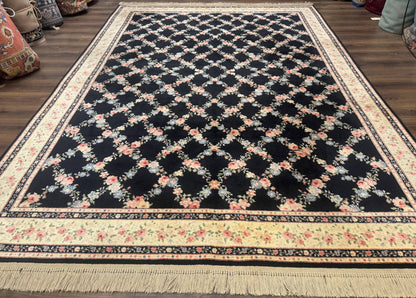 8.8 x 12 Karastan Garden of Eden Rug, Ebony Trellis #509/1270, Black, Floral, Wool Pile, Vintage, Discontinued - Nuvé
