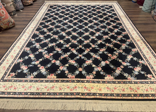 8.8 x 12 Karastan Garden of Eden Rug, Ebony Trellis #509/1270, Black, Floral, Wool Pile, Vintage, Discontinued - Nuvé