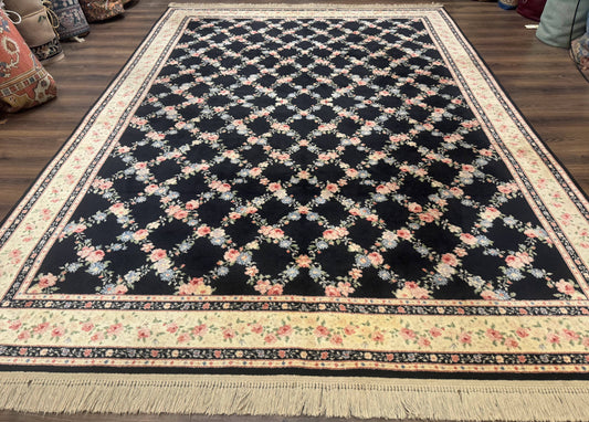 8.8 x 12 Karastan Garden of Eden Rug, Ebony Trellis #509/1270, Black, Floral, Wool Pile, Vintage, Discontinued - Nuvé