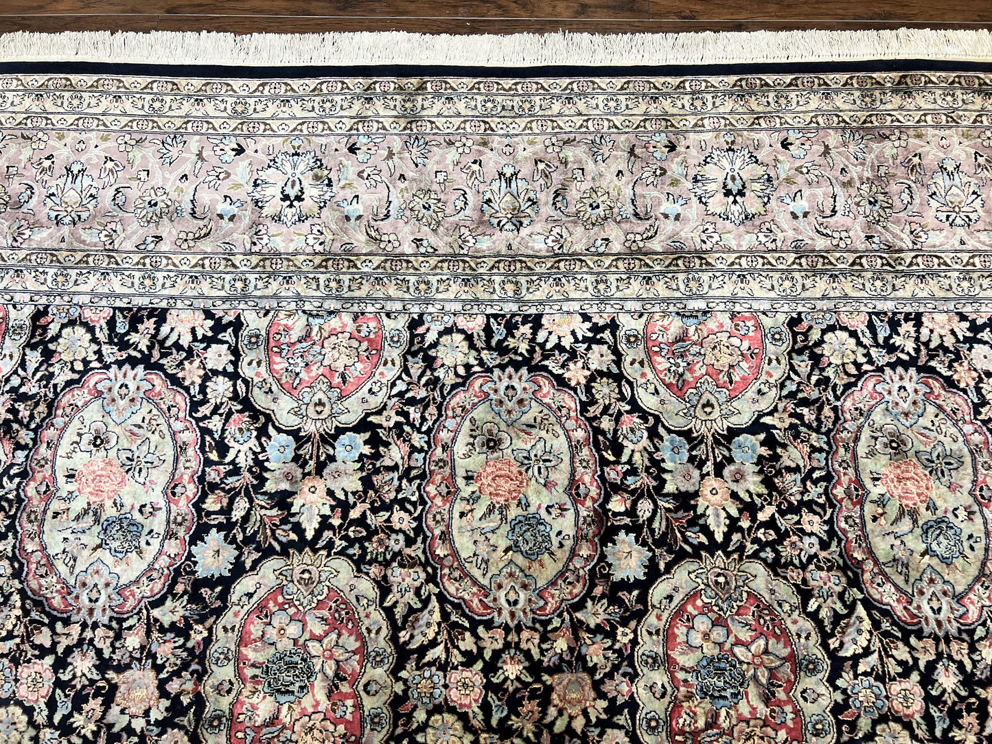 Sino Persian Rug 9x12, Navy Blue and Pink Hand Knotted Wool and Silk Highlights Vintage Oriental Carpet, Handmade Floral Area Rug 9 x 12 ft - Nuvé