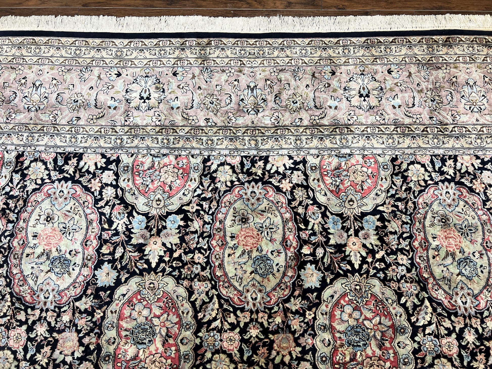 Sino Persian Rug 9x12, Navy Blue and Pink Hand Knotted Wool and Silk Highlights Vintage Oriental Carpet, Handmade Floral Area Rug 9 x 12 ft - Nuvé