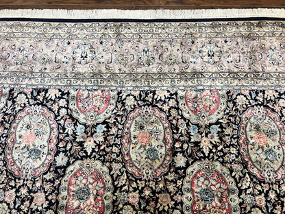 Sino Persian Rug 9x12, Navy Blue and Pink Hand Knotted Wool and Silk Highlights Vintage Oriental Carpet, Handmade Floral Area Rug 9 x 12 ft - Nuvé