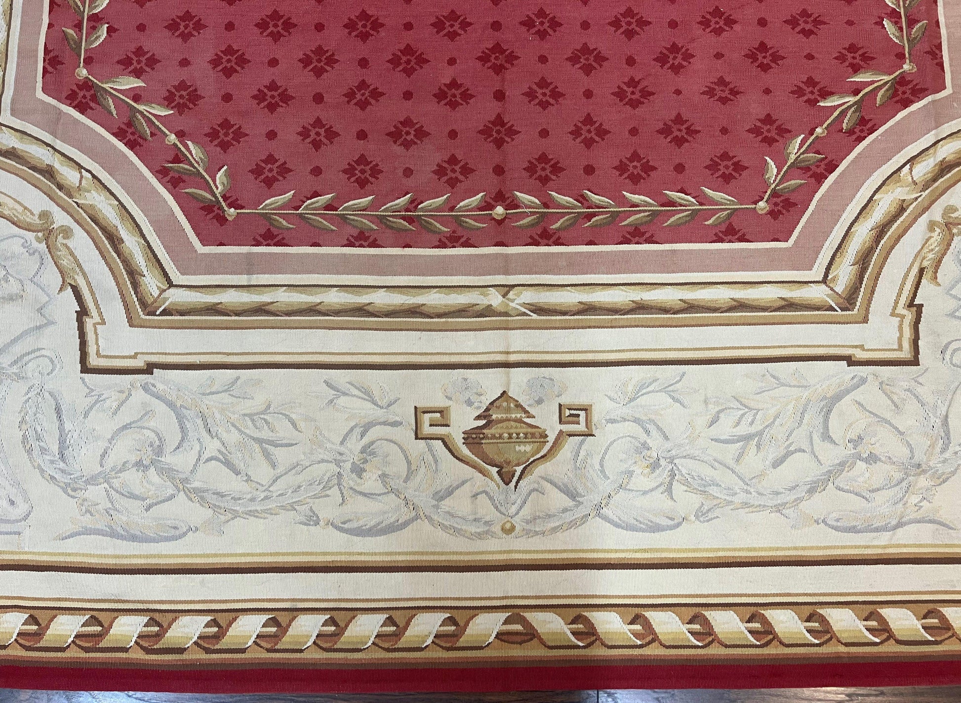 Aubusson Rug 9x12 ft, Red and Ivory Elegant Aubusson Carpet, Flatweave, Vintage Wool Handmade Area Rug 9 x 12, French European Design - Nuvé