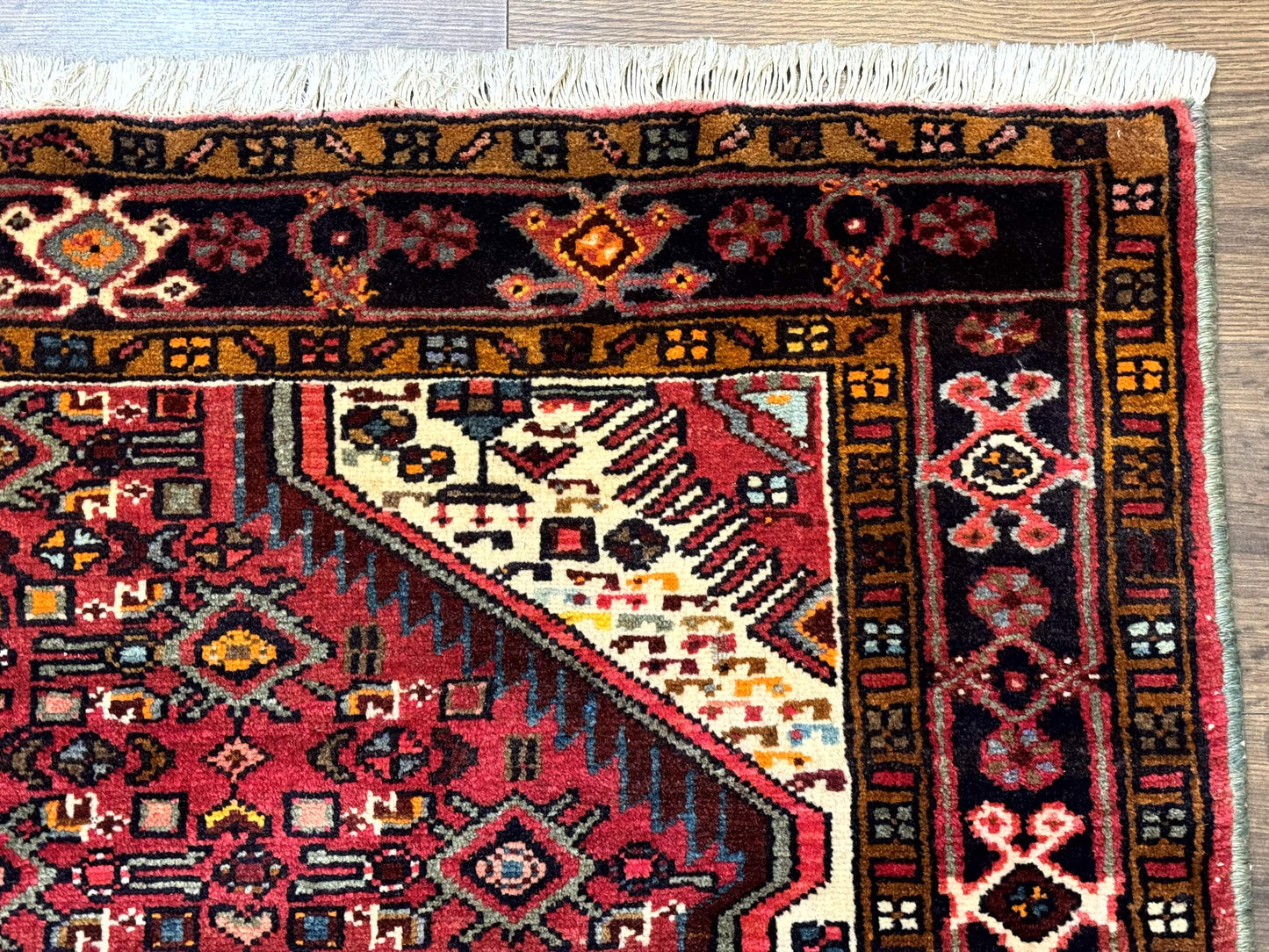 Persian Hamadan Rug 4x7, Tribal Village Malayer Carpet, Red and Ivory, Bohemian Antique - Nuvé
