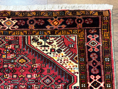 Persian Hamadan Rug 4x7, Tribal Village Malayer Carpet, Red and Ivory, Bohemian Antique - Nuvé