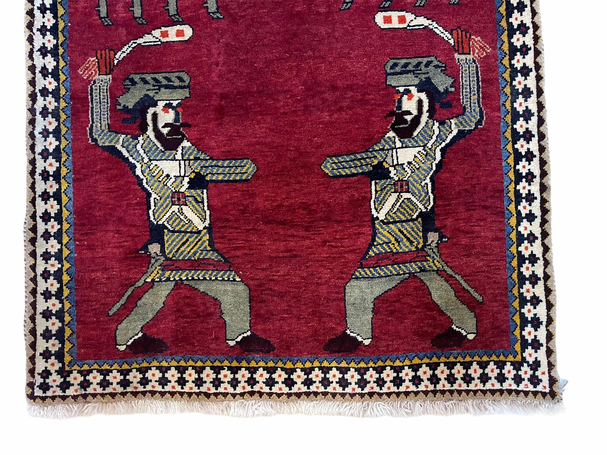 3 X 6 Handmade Wool Rug Tribal Balouch Warriors Deer Animal Pictorial Red Swords - Nuvé