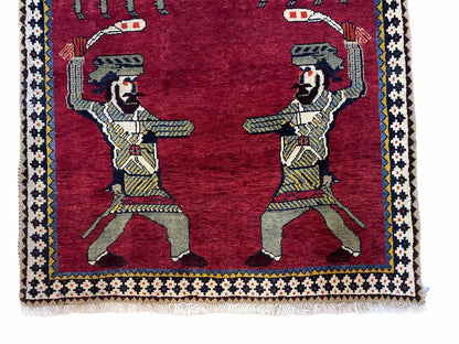 3 X 6 Handmade Wool Rug Tribal Balouch Warriors Deer Animal Pictorial Red Swords - Nuvé