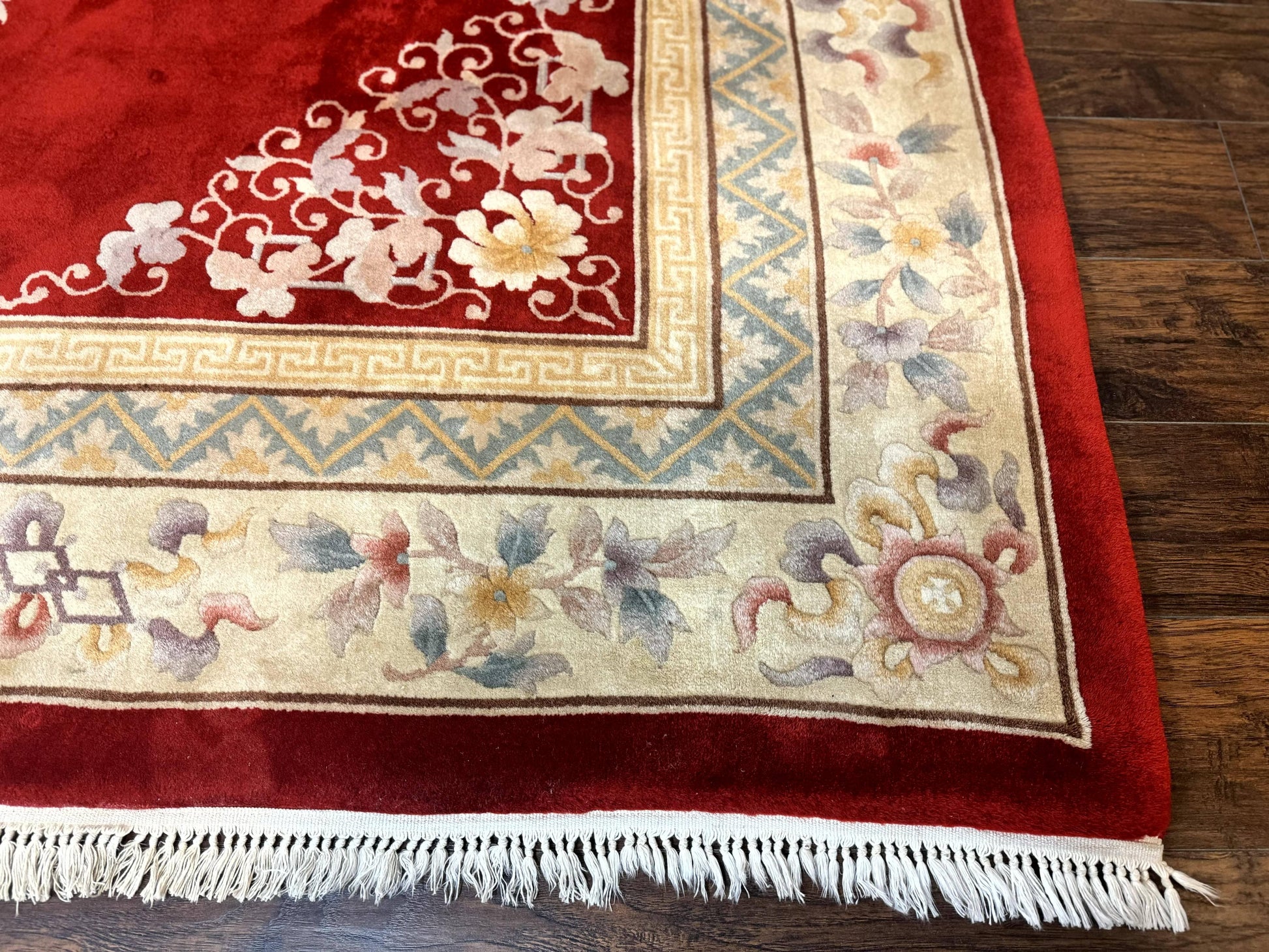 Chinese Wool Rug 8.6 x 11, Red and Beige Asian Oriental Carpet, Plush Pile, Vintage Handmade Chinese Carving Sculpted Rug, Semi Open Field - Nuvé