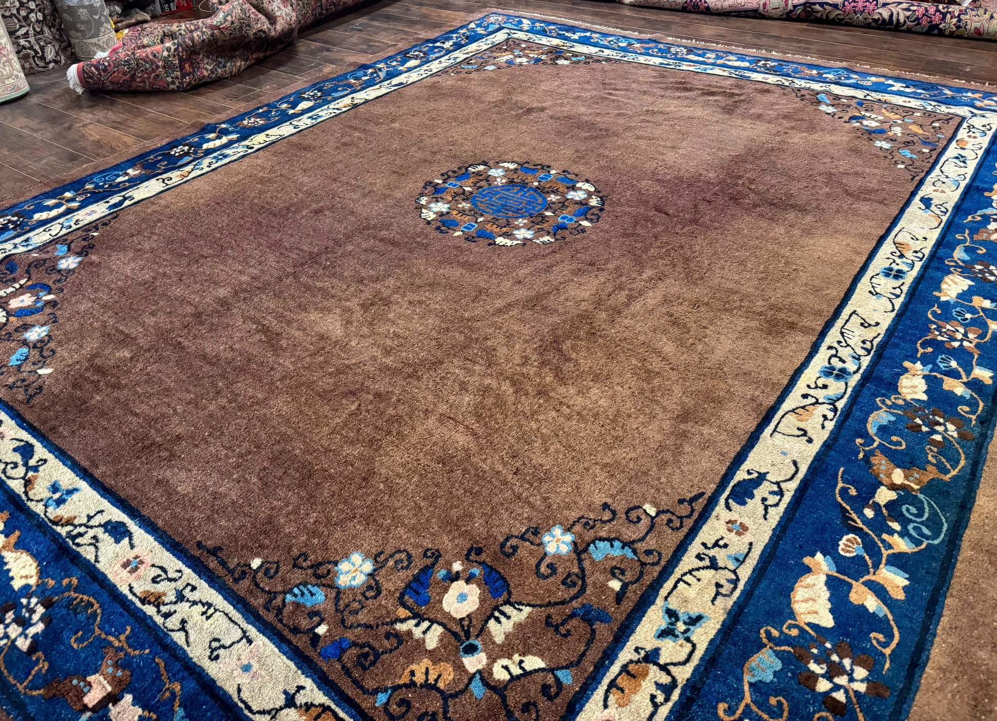 Antique Chinese Wool Rug 9x11, Large Chinese Art Deco Rug, Peking Rug, Brown and Blue, Open Field, Fete Rug - Nuvé