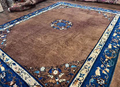Antique Chinese Wool Rug 9x11, Large Chinese Art Deco Rug, Peking Rug, Brown and Blue, Open Field, Fete Rug - Nuvé