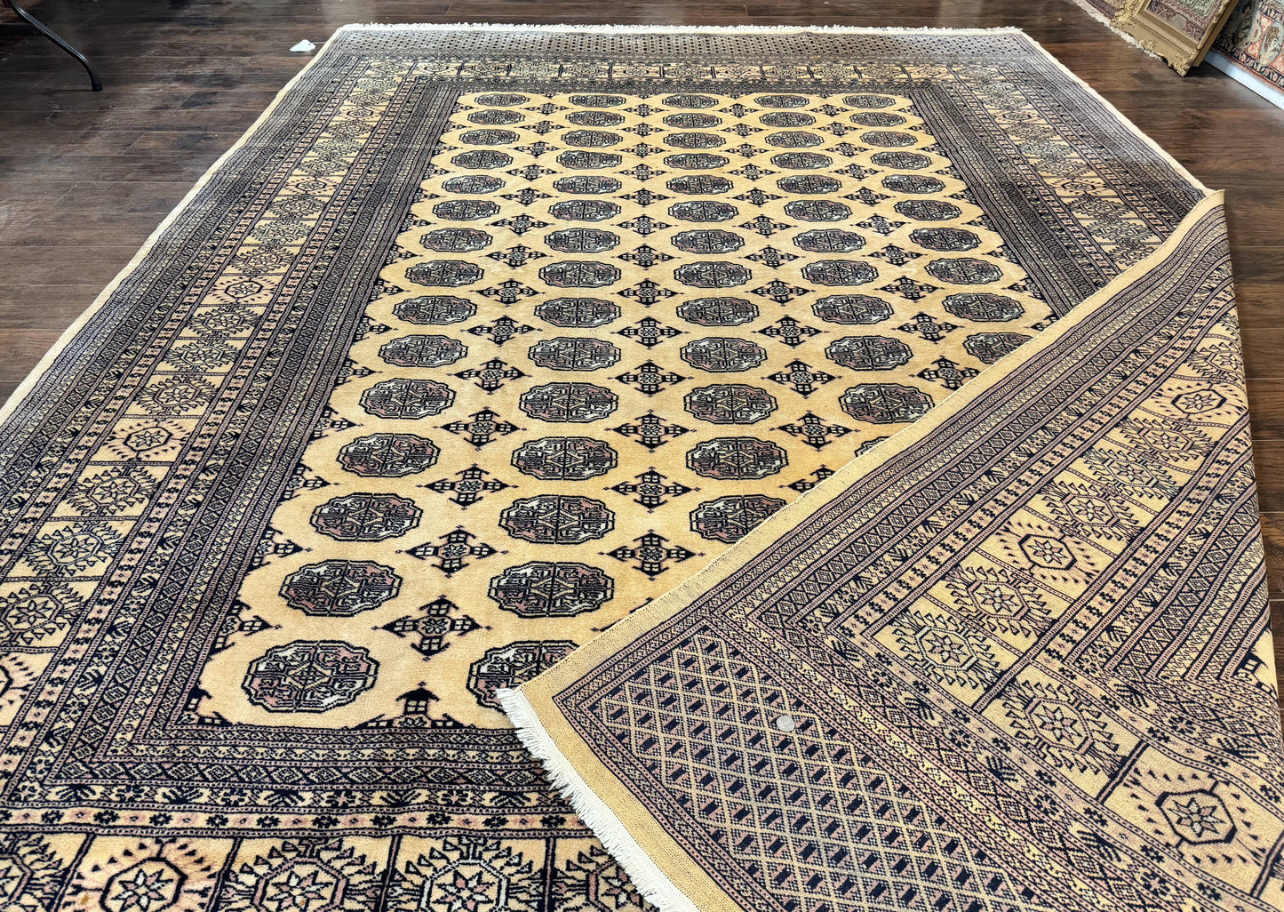 Pakistani Bokhara Turkoman Rug 9x11, Cream, Handmade Wool Vintage Carpet - Nuvé