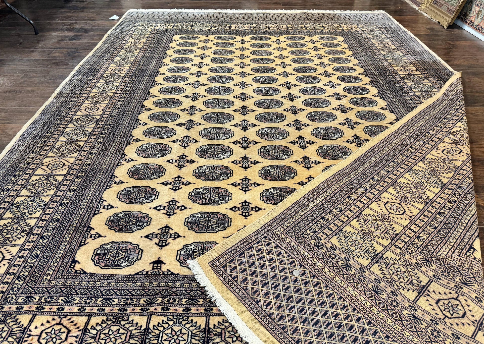 Pakistani Bokhara Turkoman Rug 9x11, Cream, Handmade Wool Vintage Carpet - Nuvé