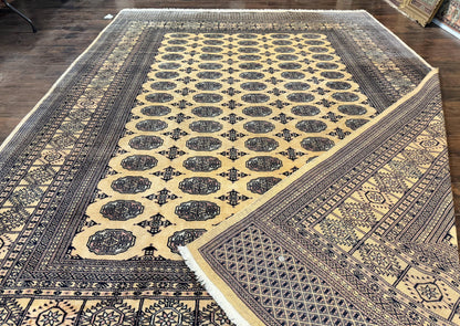 Pakistani Bokhara Turkoman Rug 9x11, Cream, Handmade Wool Vintage Carpet - Nuvé