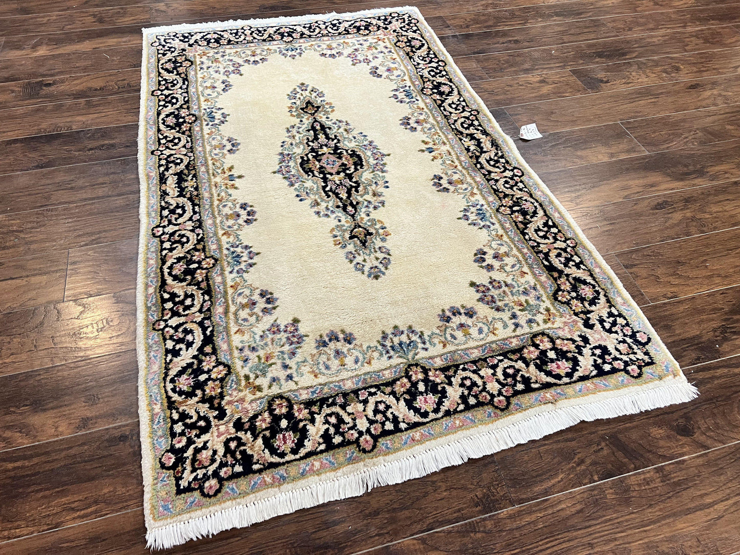 Persian Kirman Rug 4x7, Wool Hand Knotted Antique Carpet, Beige, Semi Open Field Medallion Rug, Traditional Handmade Oriental Rug - Nuvé