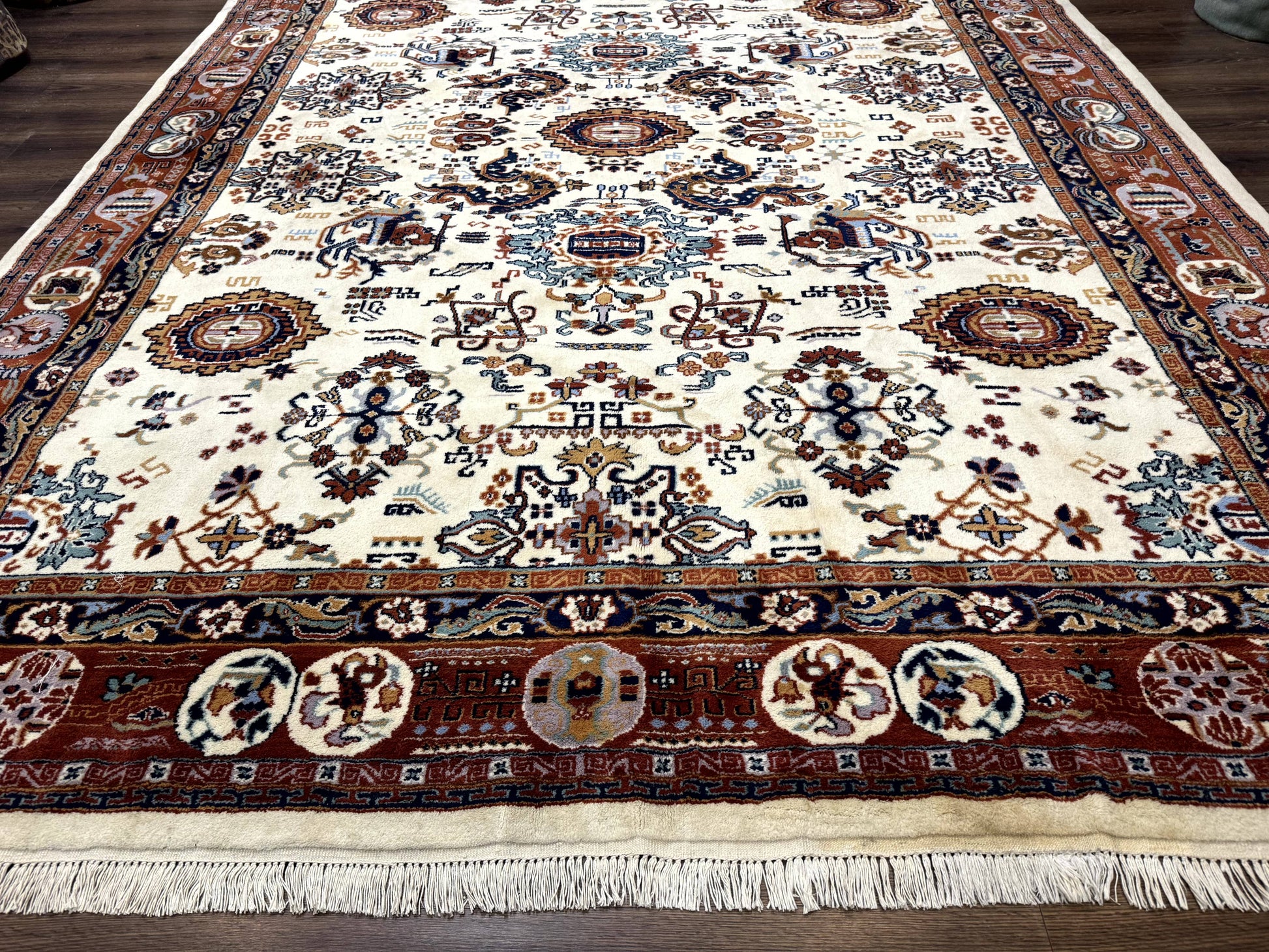 Indo Chinese Wool Rug 9x12, Ivory and Rust Red, Dragon Motifs - Nuvé